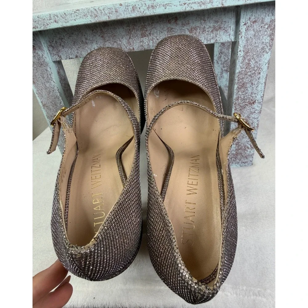 Stuart Weitzman Skyhigh Mary Jane Platform Pumps Metallic Silver Gold 9.5B SD284